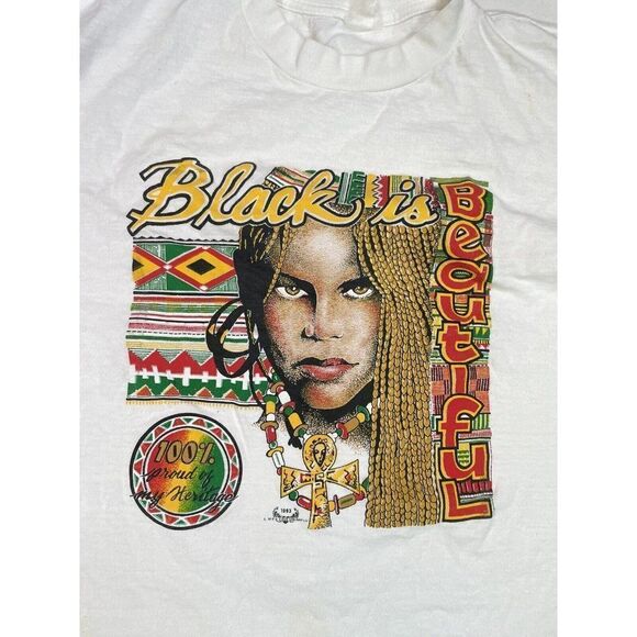 VINTAGE Black Is Beautiful Graphic T-shirt Men XL White Short Sleeve 90s - Picture 2 of 11